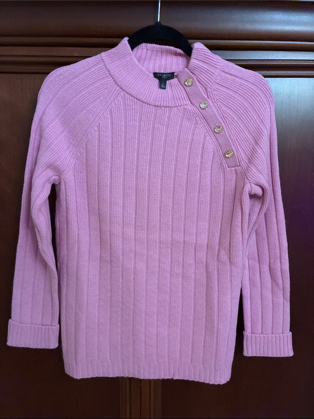 Talbots Rose Pink Ribbed Crewneck Sweater with Shoulder Buttons